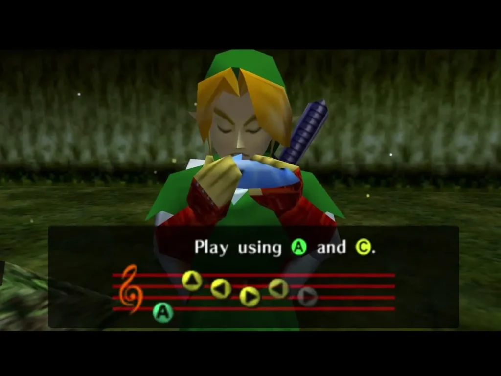 Link playing the ocarina with the Play using A and C prompt