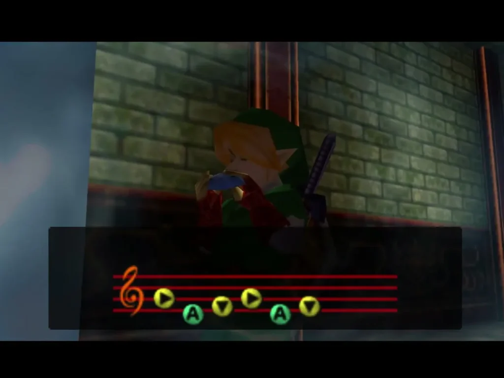 Link playing a tune on the ocarina in a red-lit corridor