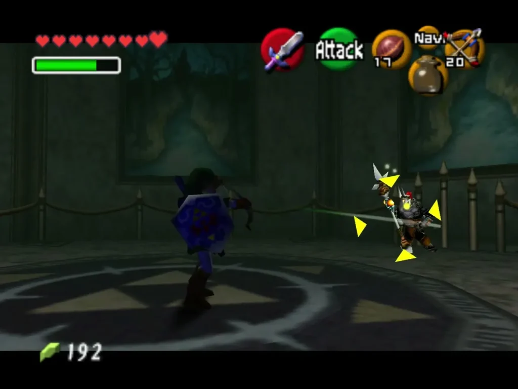 Link advancing on Phantom Ganon with his sword near the floor emblem