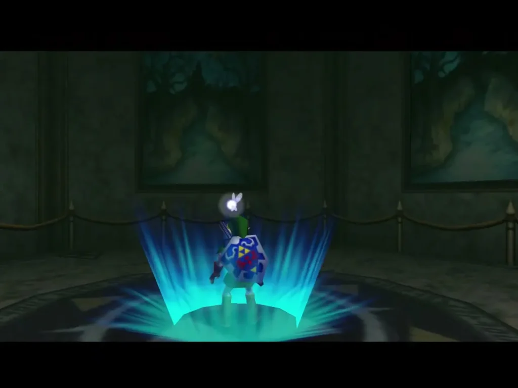 Link stepping into the blue warp light in the chamber