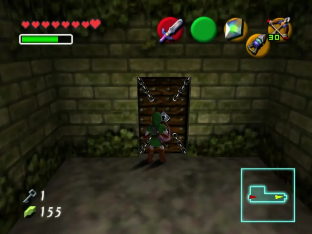 Link standing before a chained wooden door at the top of the stairs