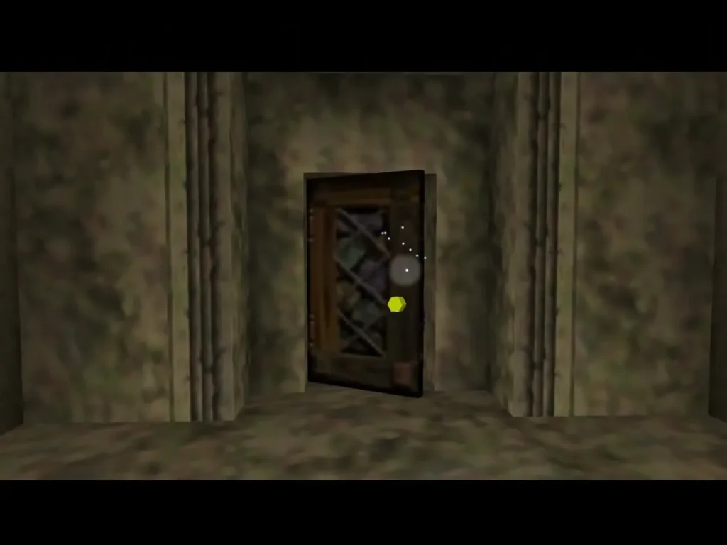 The wooden locked door at the end of the stone corridor