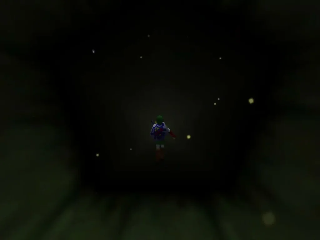 Link walking through the dark Lost Woods tunnel