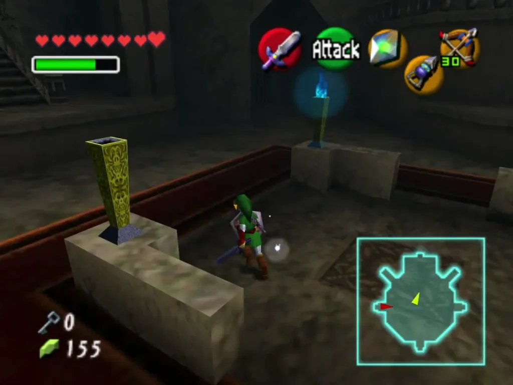 Link walking across the main hall past a torch with blue flame