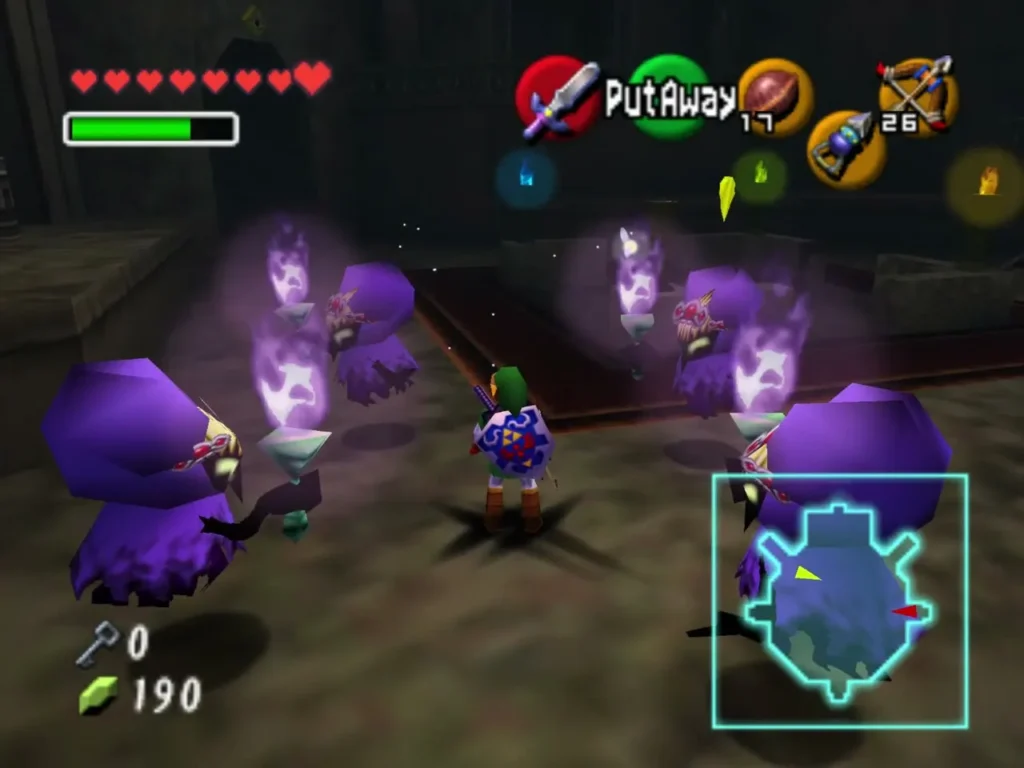 Link surrounded by spinning Meg copies, the real one among them to shoot
