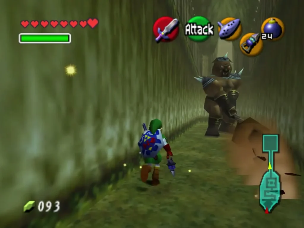 Link facing a Moblin guard in a narrow green-walled passage