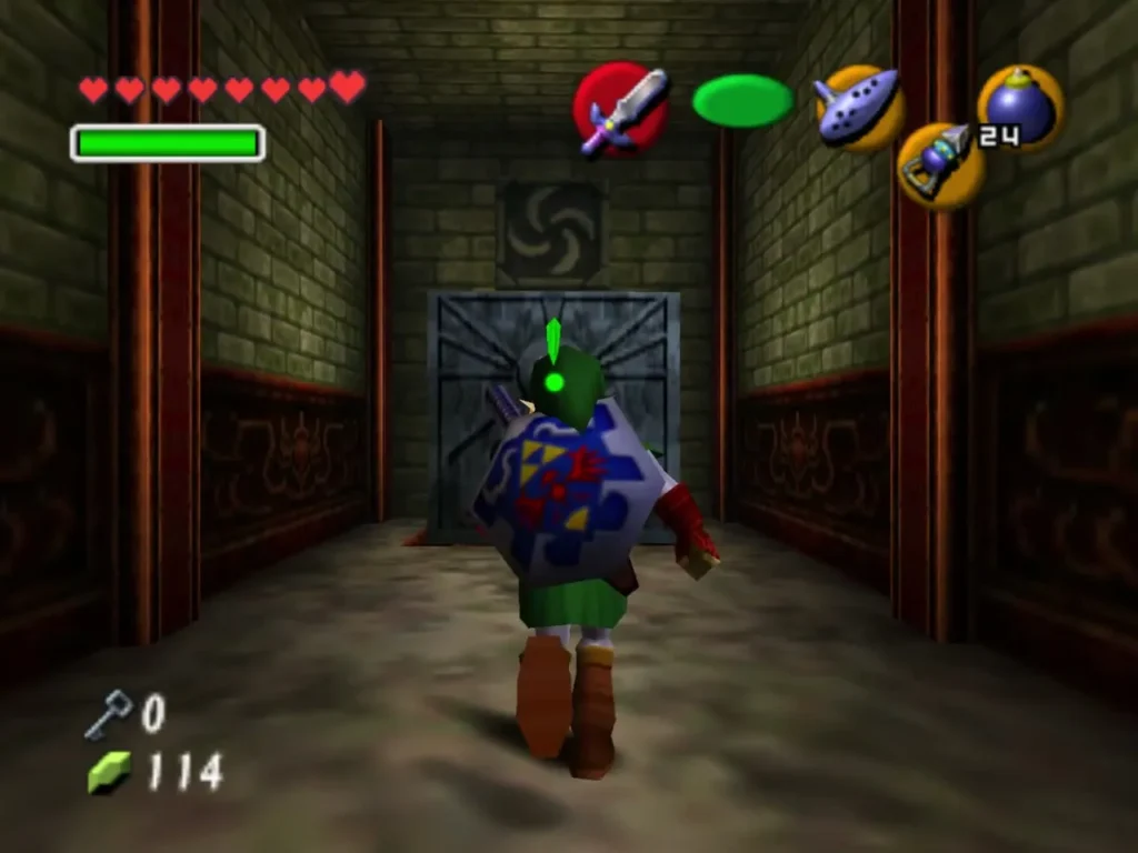 Link walking up the north corridor toward a sealed stone door