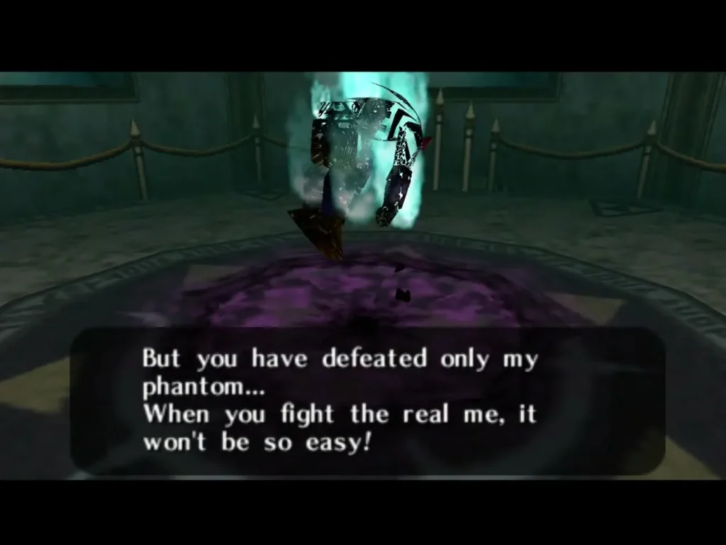 Phantom Ganon burning blue above a purple portal as a message box appears