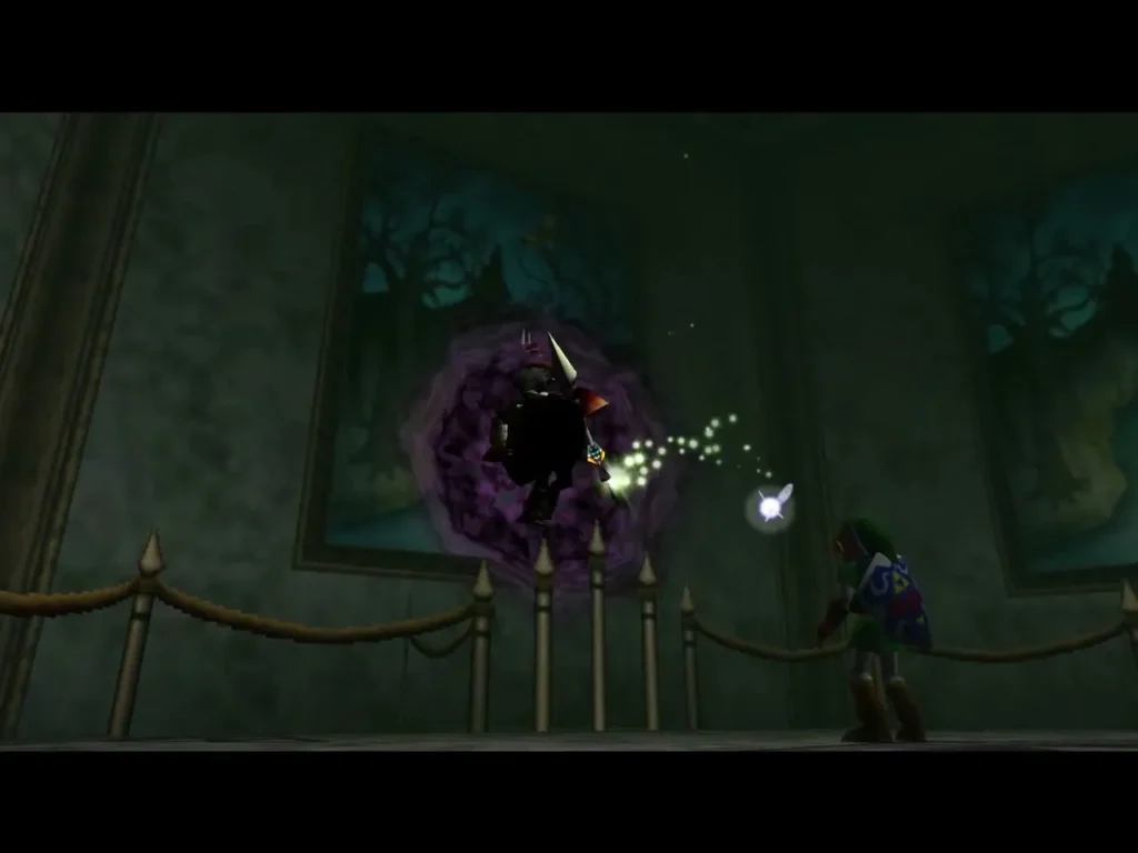 Phantom Ganon stepping out of a purple halo in the painted gallery