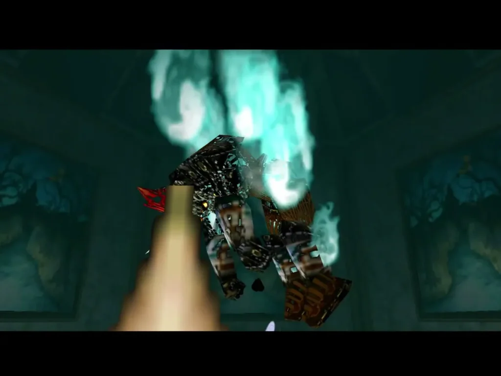 Phantom Ganon engulfed in blue flame in the painted gallery