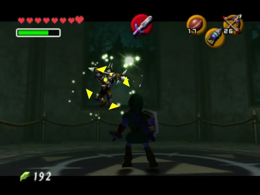 Phantom Ganon floating in the gallery with energy sparks as Link faces him