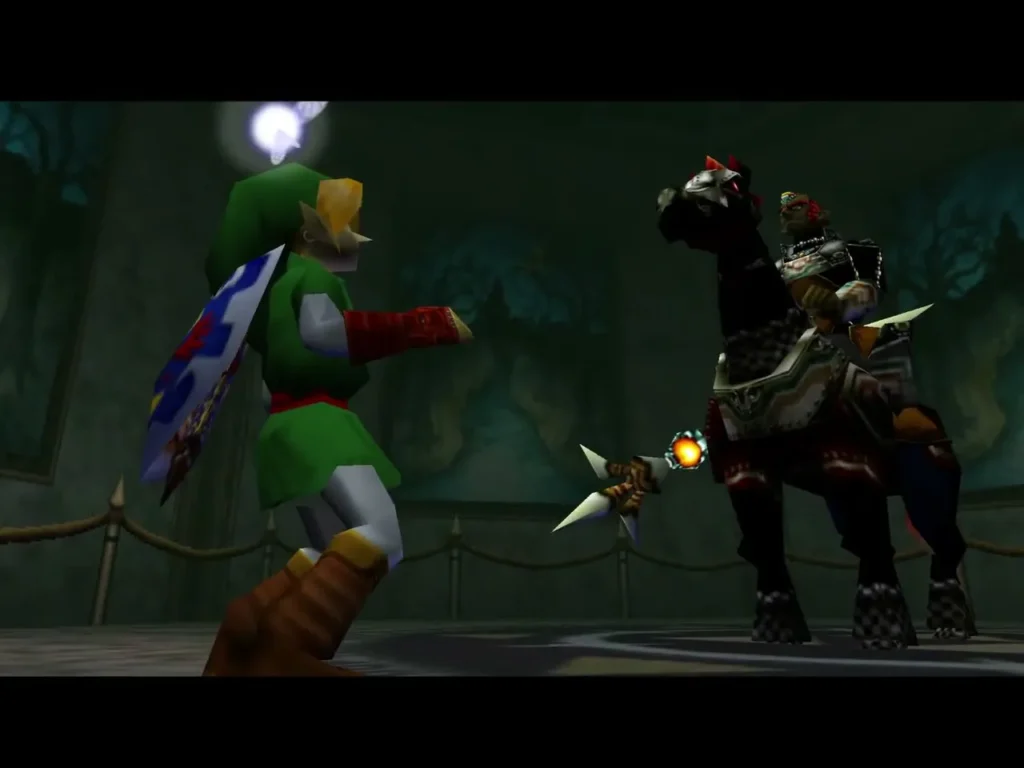 Link facing Phantom Ganon on his horse beside the gallery paintings