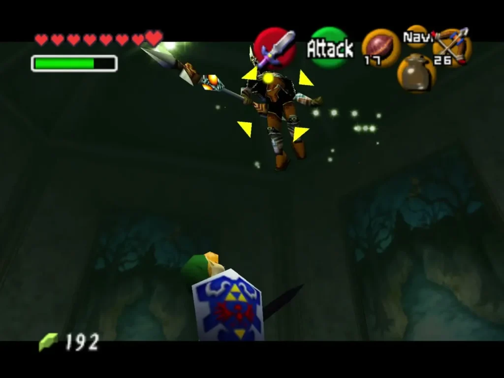 Phantom Ganon leaping in the air above Link, who raises his shield