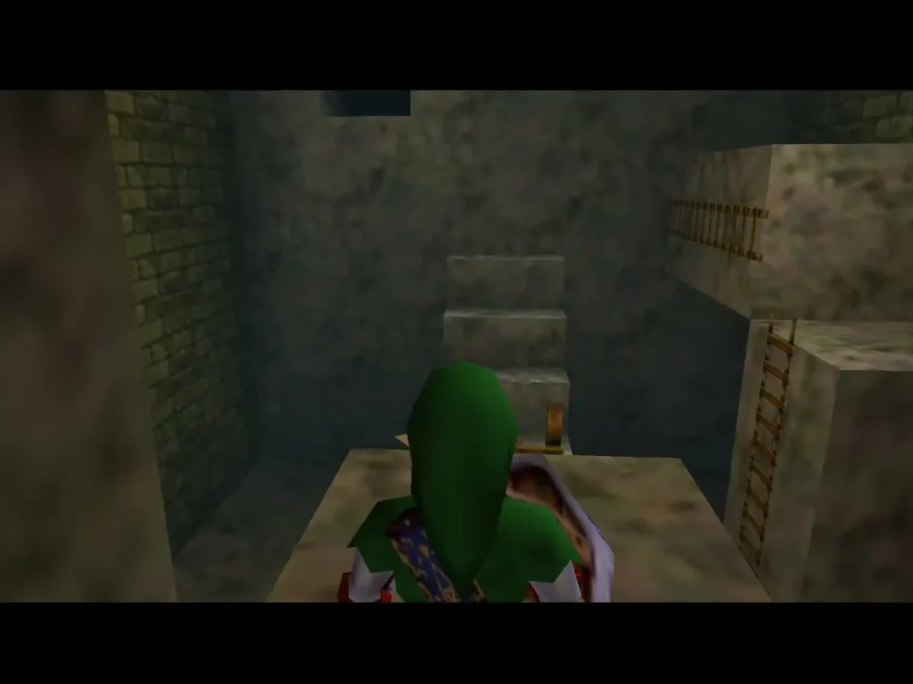 Link on a stone block crossing the passage beyond the chained door