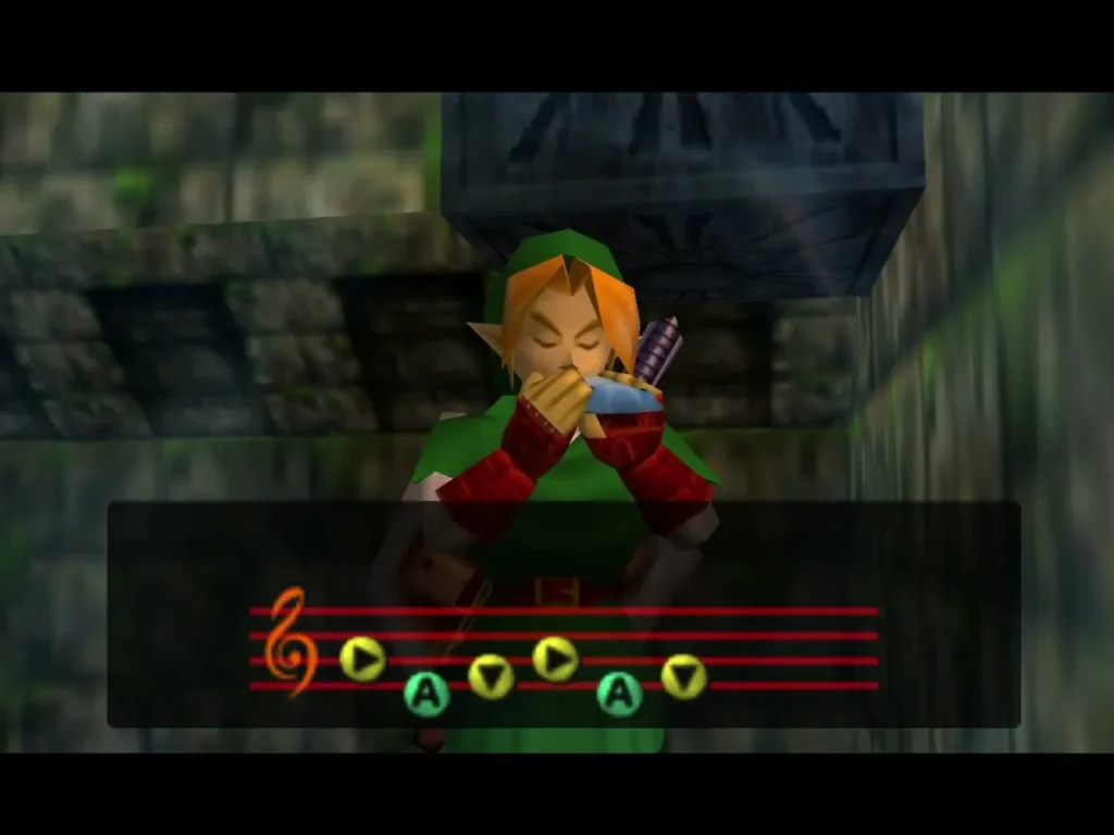 Link playing an ocarina under a stone block in a mossy hall