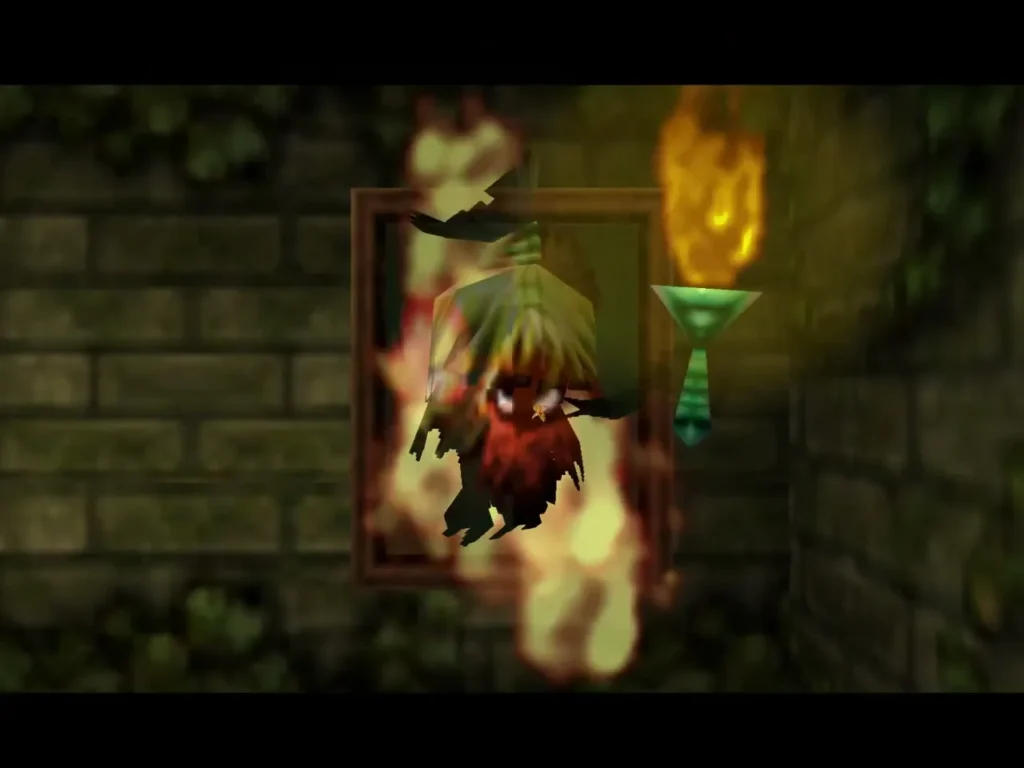 Poe sister portrait engulfed in flames beside a green torch