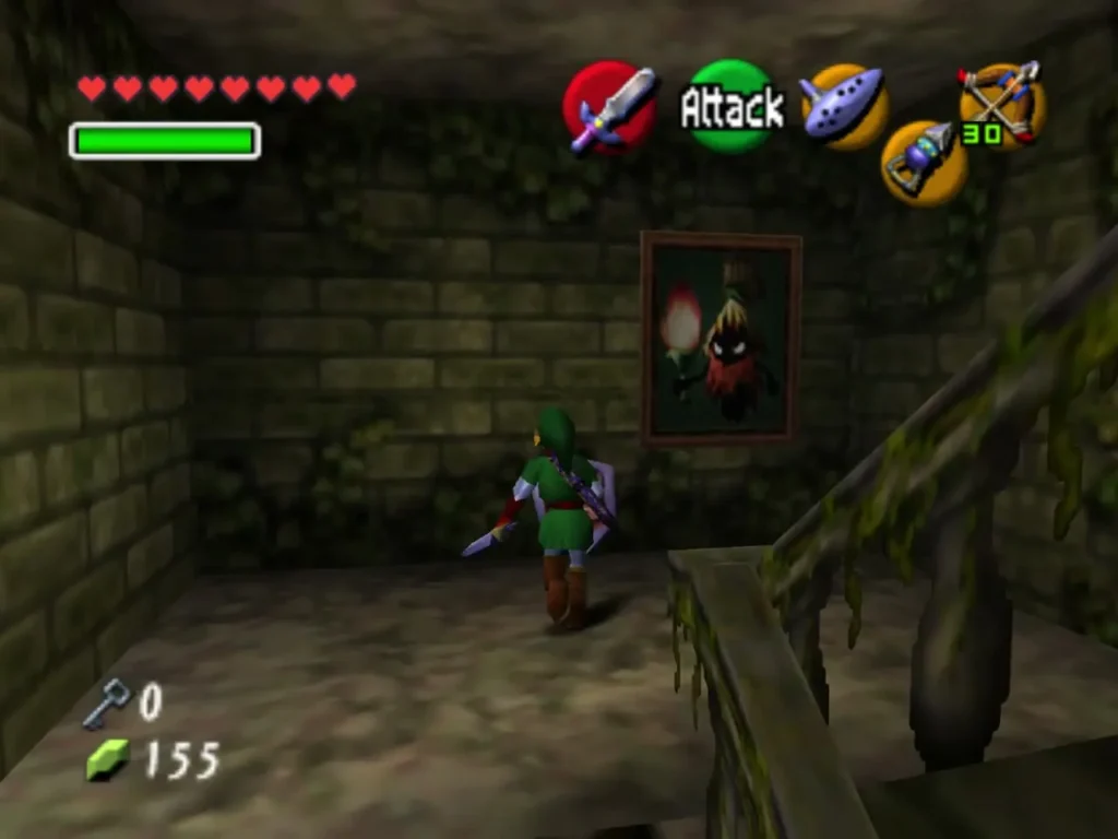 Link standing in a mossy hall beside a portrait of a Poe sister