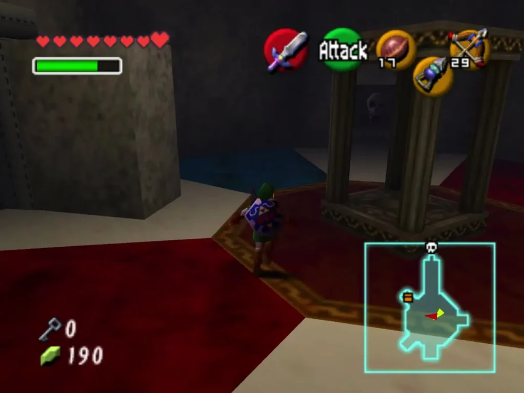 Link beside a pillared platform on red and blue floor sections