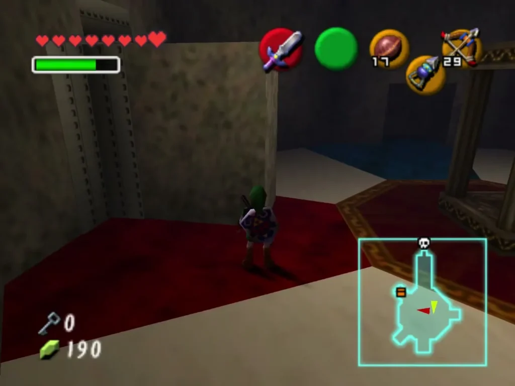 Link on red and white floor sections of a room with pillars and blue water beyond