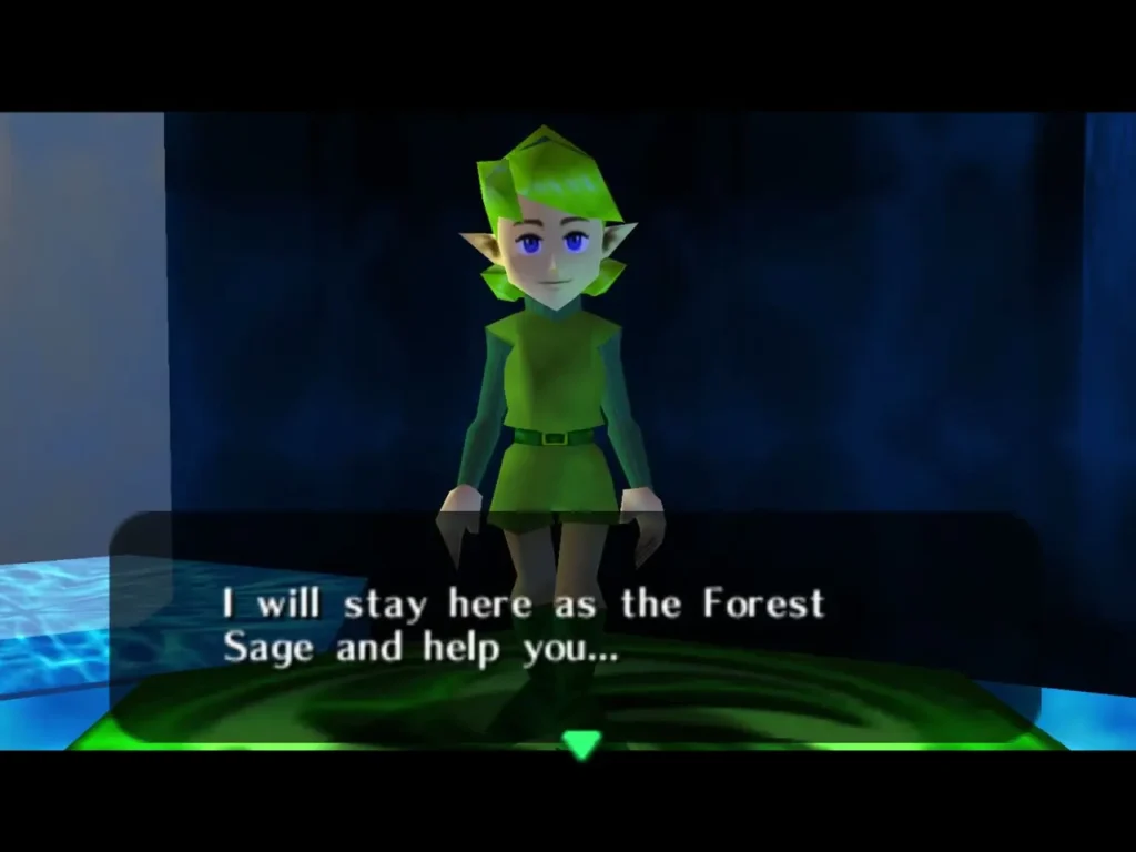 Saria, the Forest Sage, standing on the green pad as she speaks