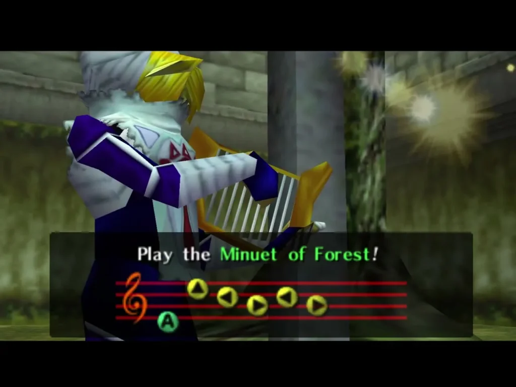 Sheik at the stump teaching the Minuet of Forest on the harp