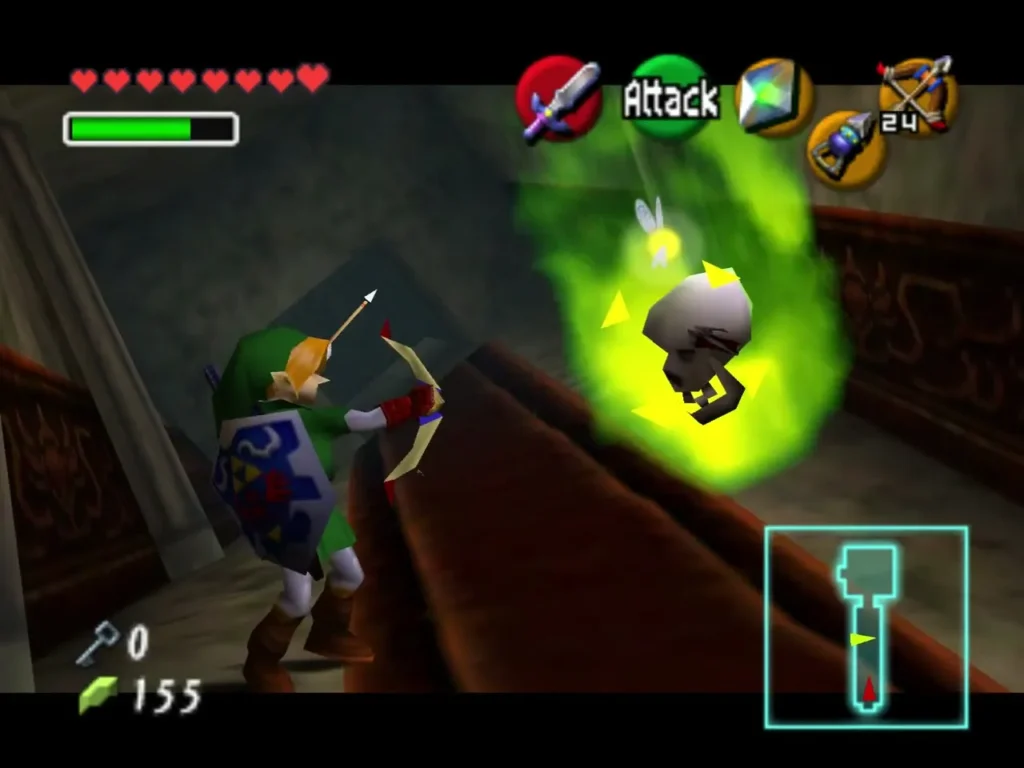 Link drawing a bow at a Green Bubble wrapped in green flame in a stone corridor