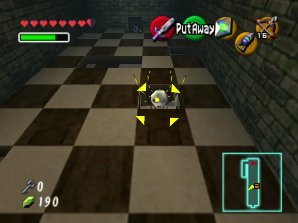 Skulltula in a floor hole of a checkered room, marked with yellow target arrows