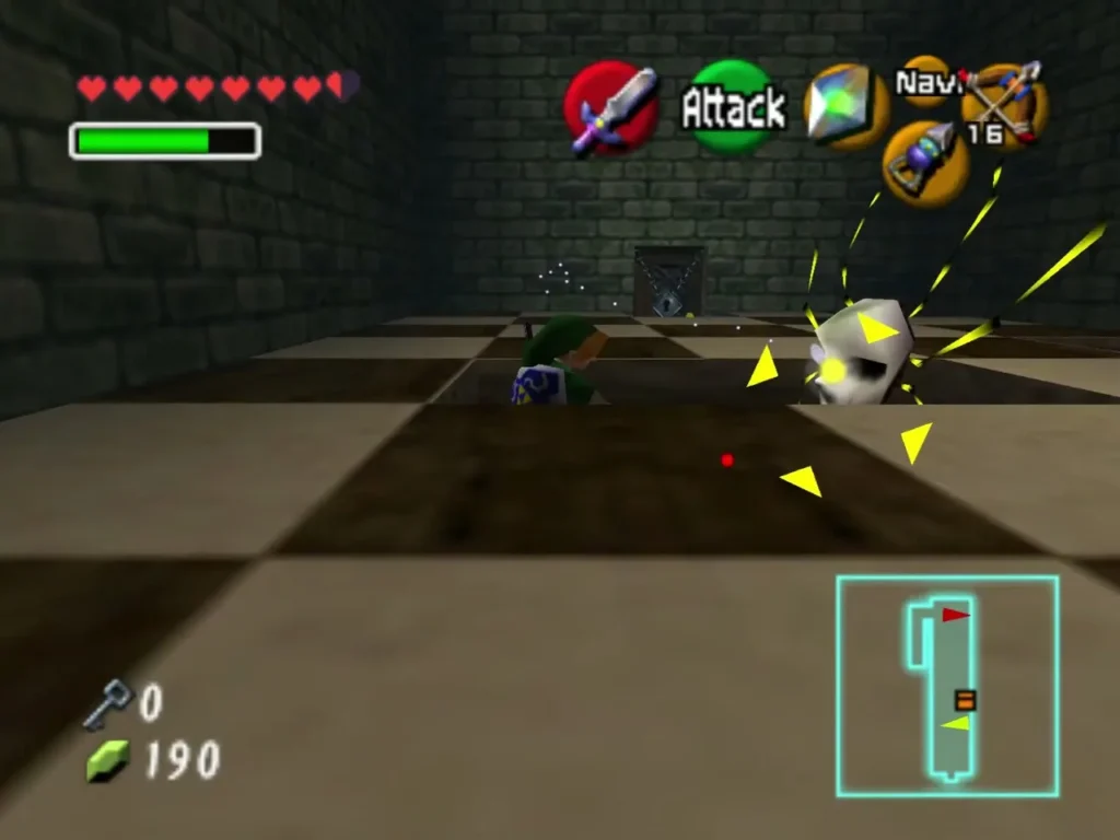 Link targeting a Skulltula in a checkered stone room