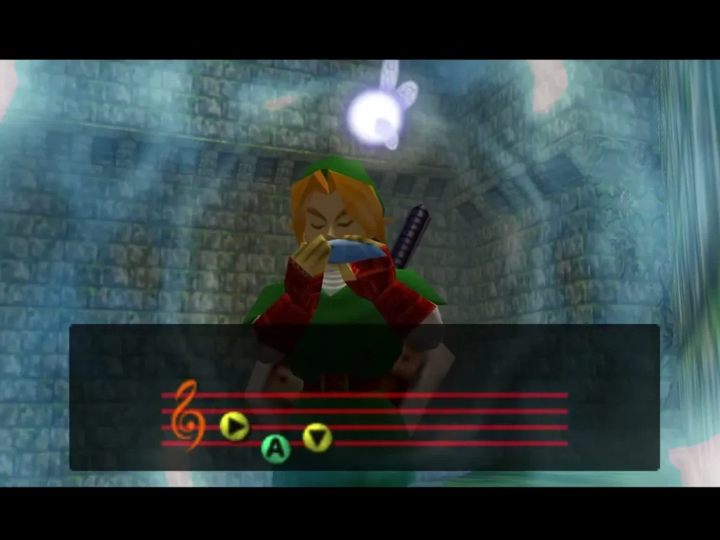 Link playing an ocarina with the Song of Time staff on screen
