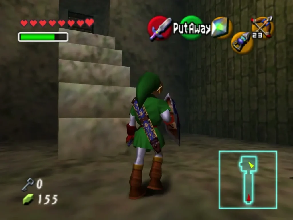 Link standing beside a stone staircase in a dim hall