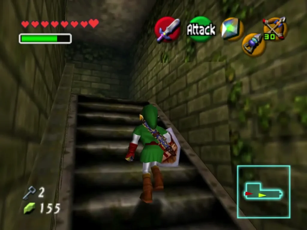Link climbing a stone staircase with his sword and shield