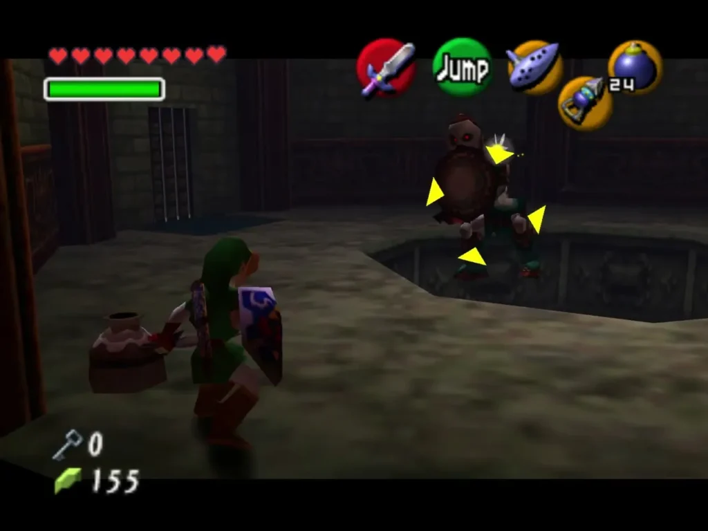 A Stalfos attacking Link beside the hole in the arena