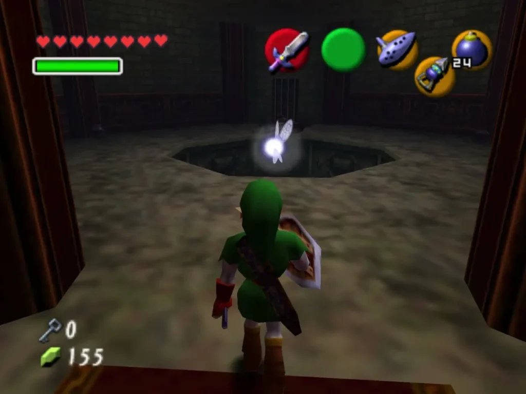 Link in the arena with the hole in the floor and a fairy beside him