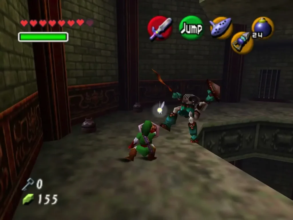Link facing a Stalfos in the arena with the hole behind them