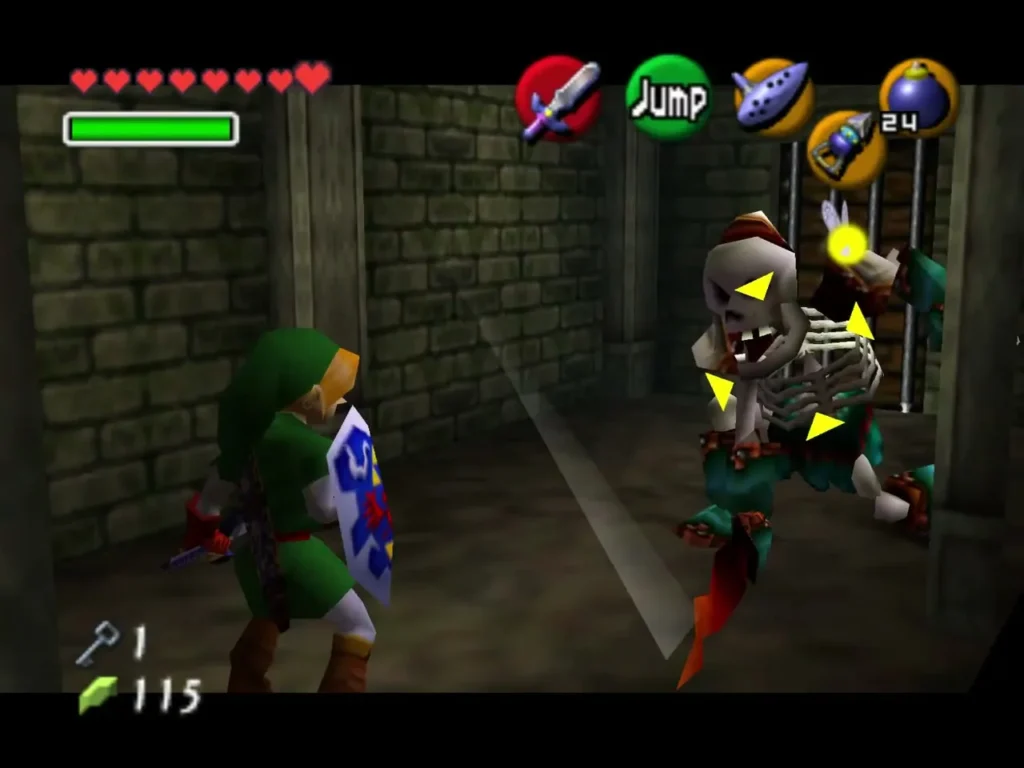 A Stalfos rising in front of a barred gate with Link beside it