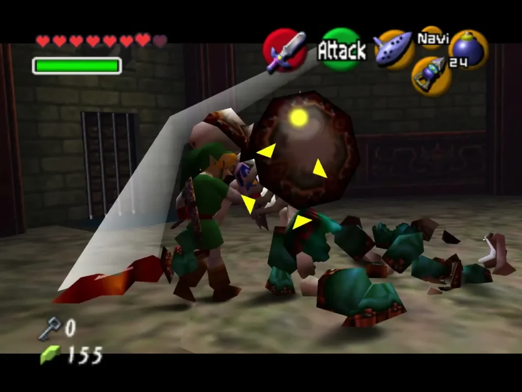 Link slashing two Stalfos in a crumpled pile on the arena floor