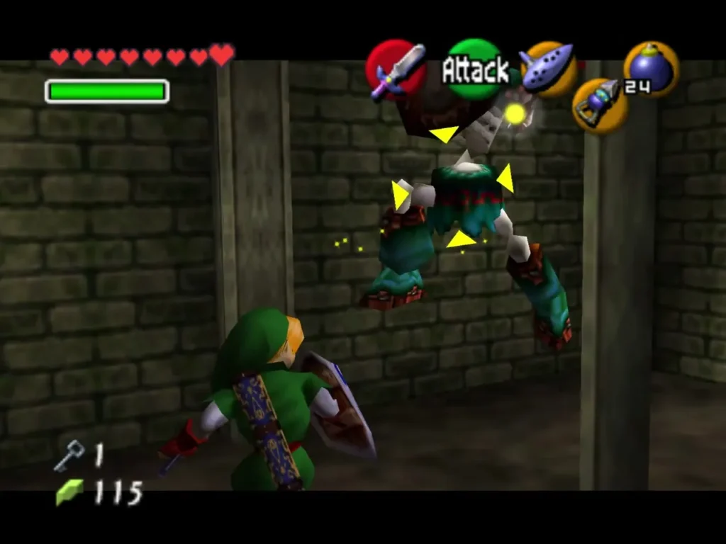 Link slashing at a leaping Stalfos in the narrow corridor