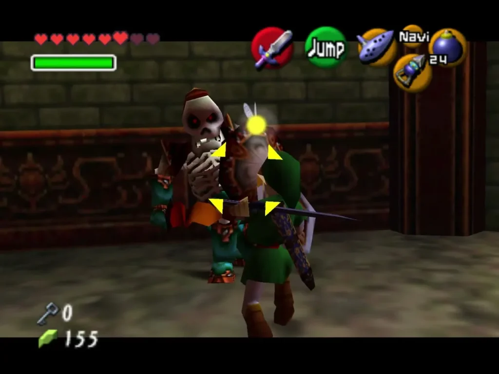 Link fighting two Stalfos with their shields raised in the arena