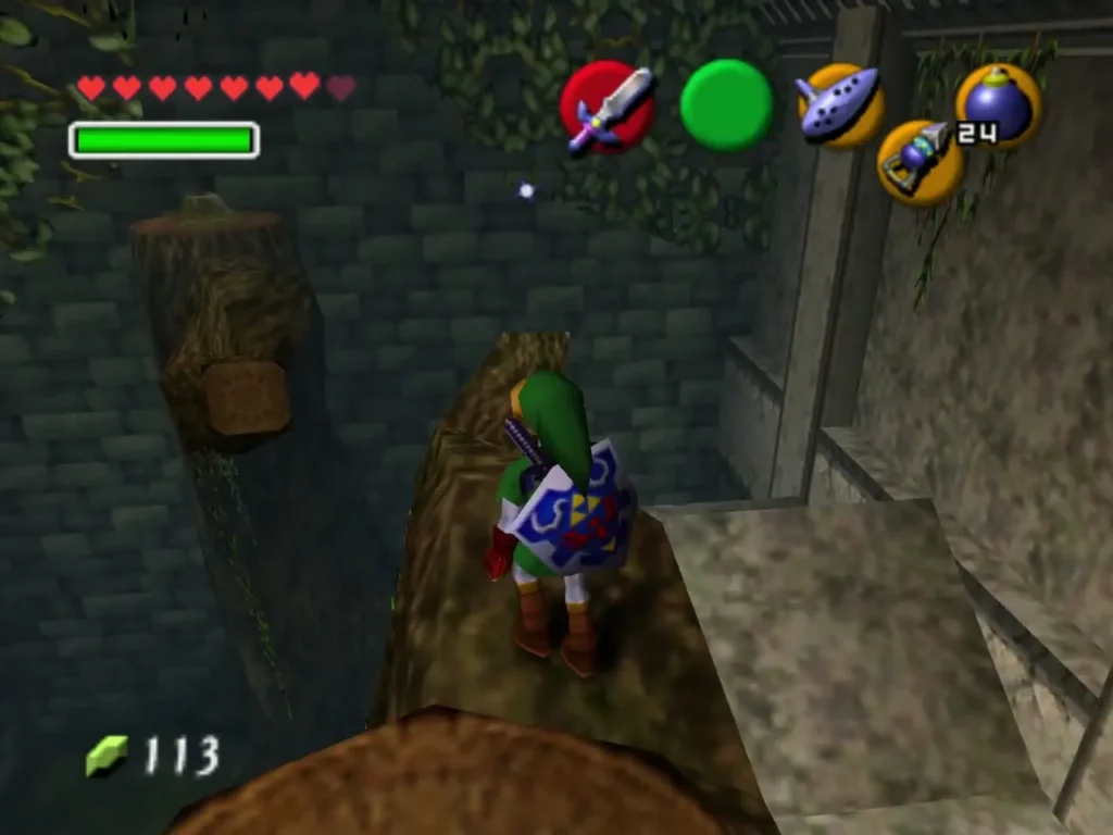 Link standing on top of the tree stump after climbing