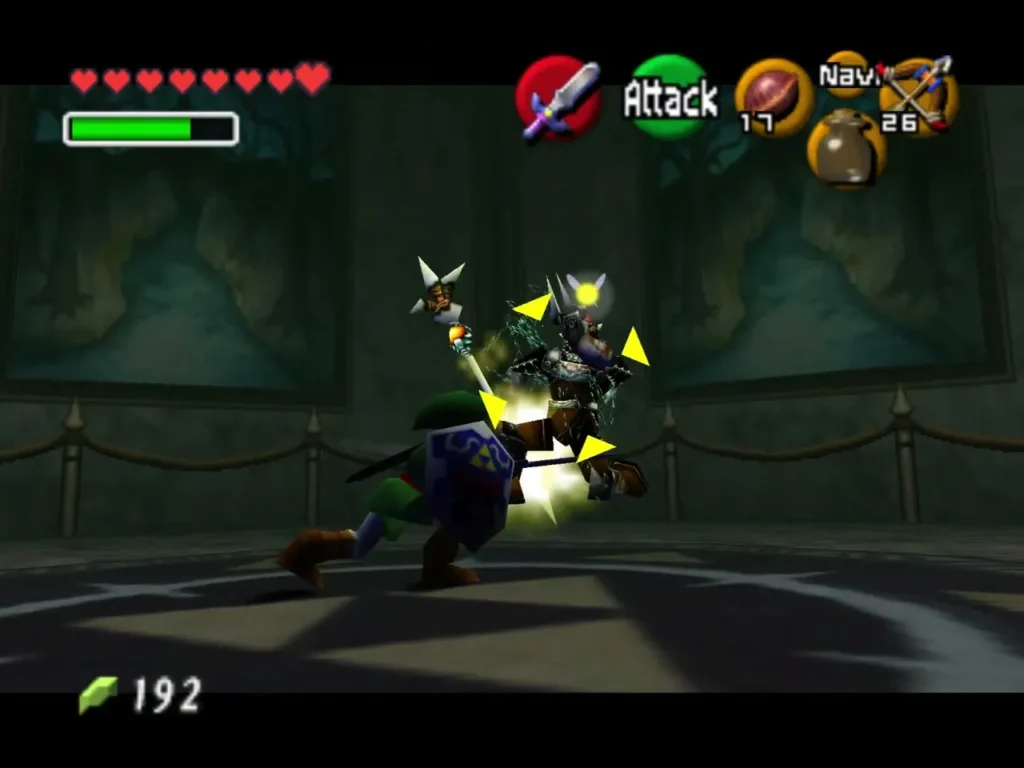 Link swinging his sword at an energy ball in the gallery