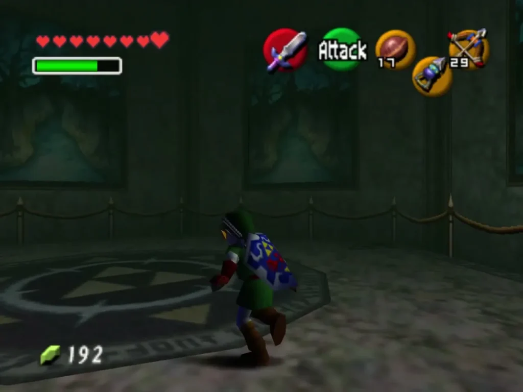 Link on a Triforce-marked dark floor in the painting gallery with a rope railing