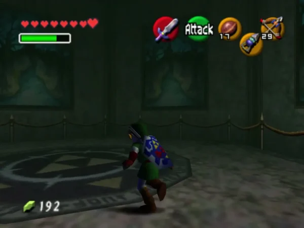 Link on a Triforce-marked dark floor in the painting gallery with a rope railing
