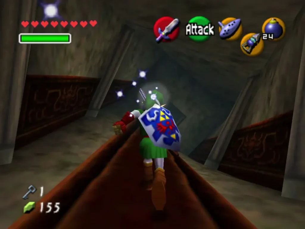 Link walking down the red-carpeted hall with sparkles around him