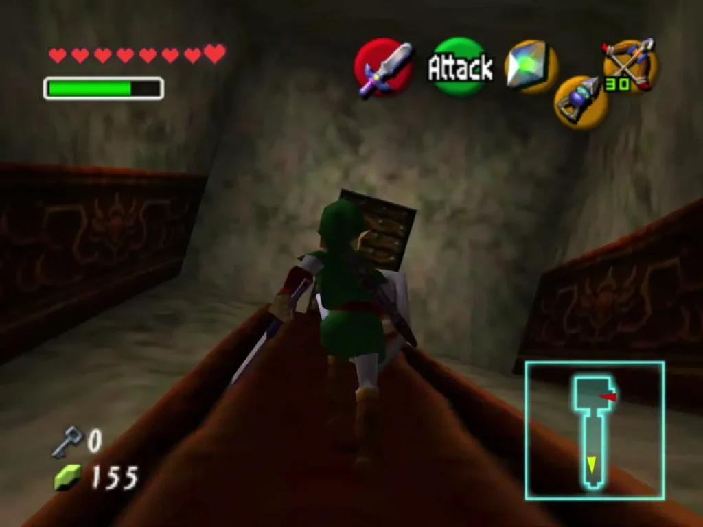 Link walking down a red-carpeted hall with a stone wall beside him