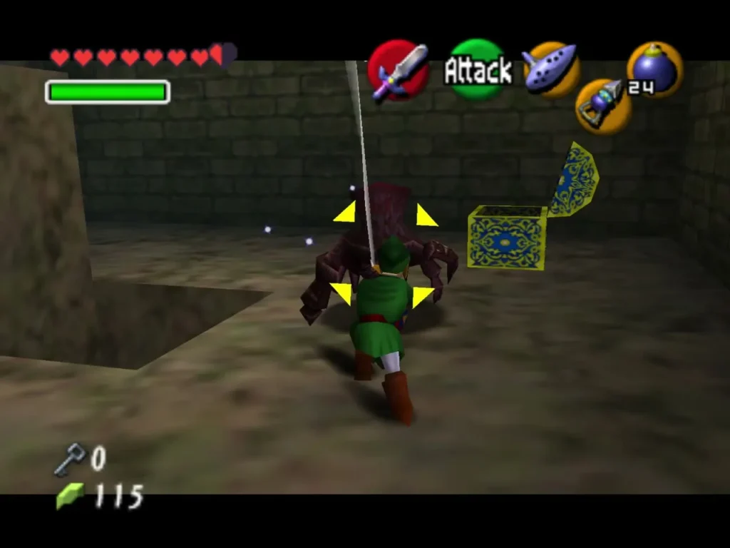 Link slashing at a dark shadow-like enemy beside the gold-patterned chest
