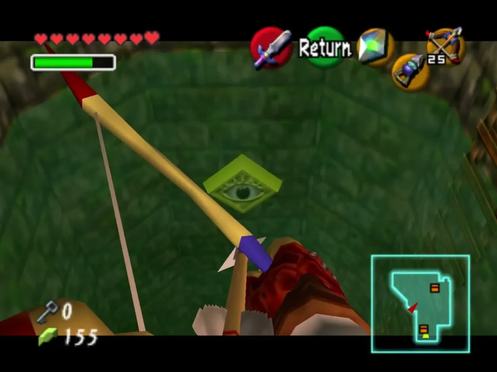 Link aiming the bow at the eye switch on the floor of the well