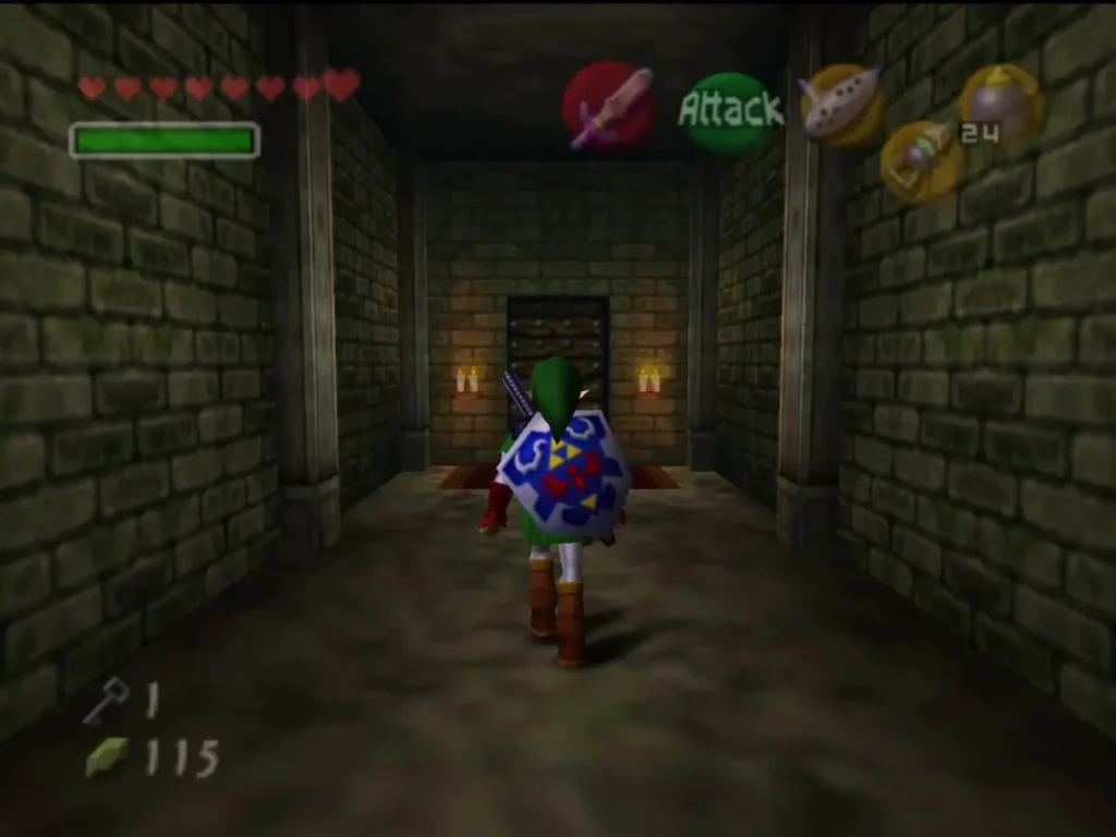 Link walking down the long stone corridor toward a far door