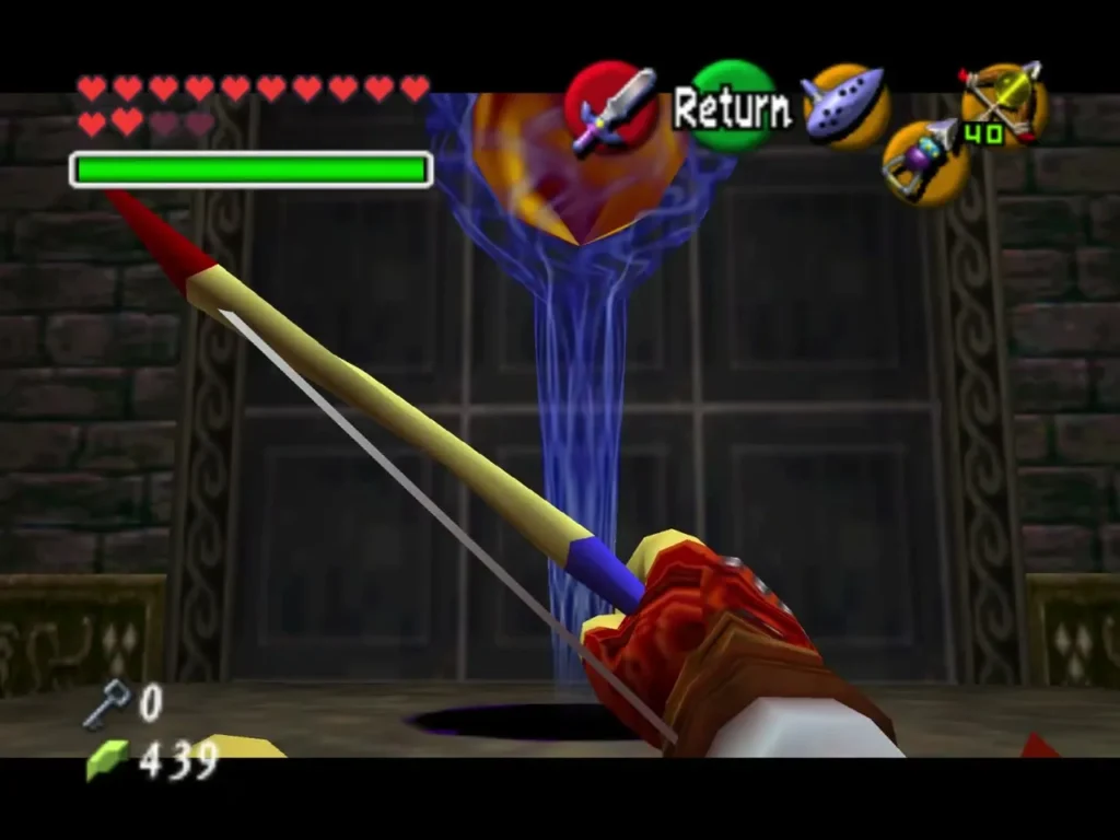 Link aiming an arrow at the swirling blue Water Barrier core Link aiming an arrow at the swirling blue Water Barrier core