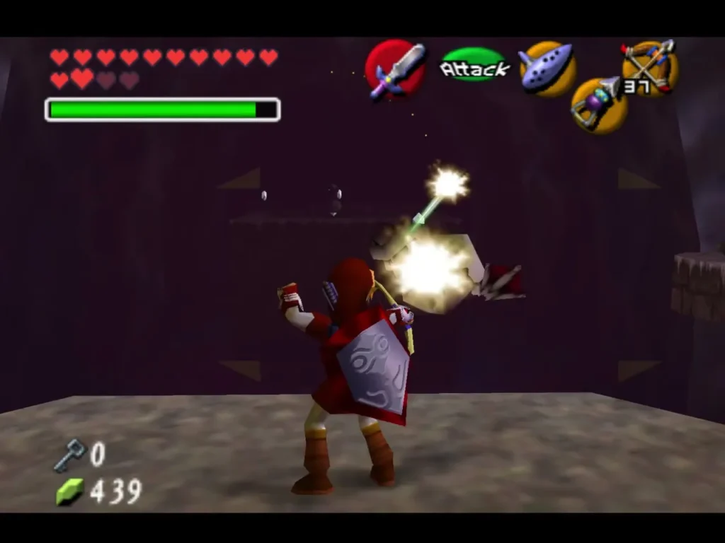 Link's arrow bursting against a pale enemy on the far ledge Link's arrow bursting against a pale enemy on the far ledge