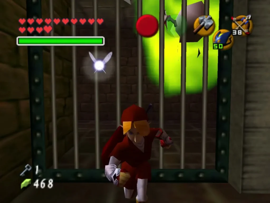 Link at the barred gate of the caged room with a Green Bubble behind it Link at the barred gate of the caged room with a Green Bubble behind it